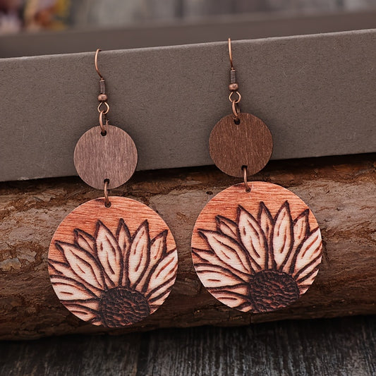 Pendientes colgantes de girasol de inspiración vintage - de madera