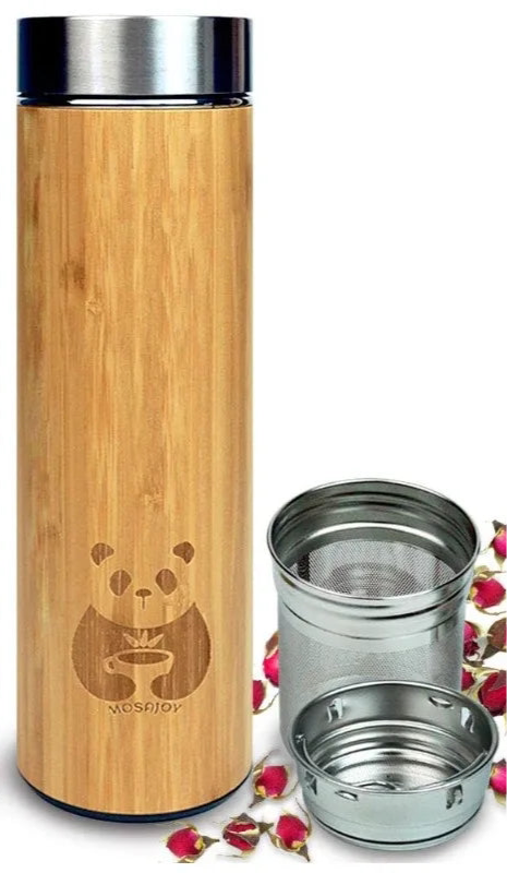 Botella de té Vaso de bambú con infusor vidrio de doble pared con filtro de acero inoxidable Colador Té de hojas 17 onzas