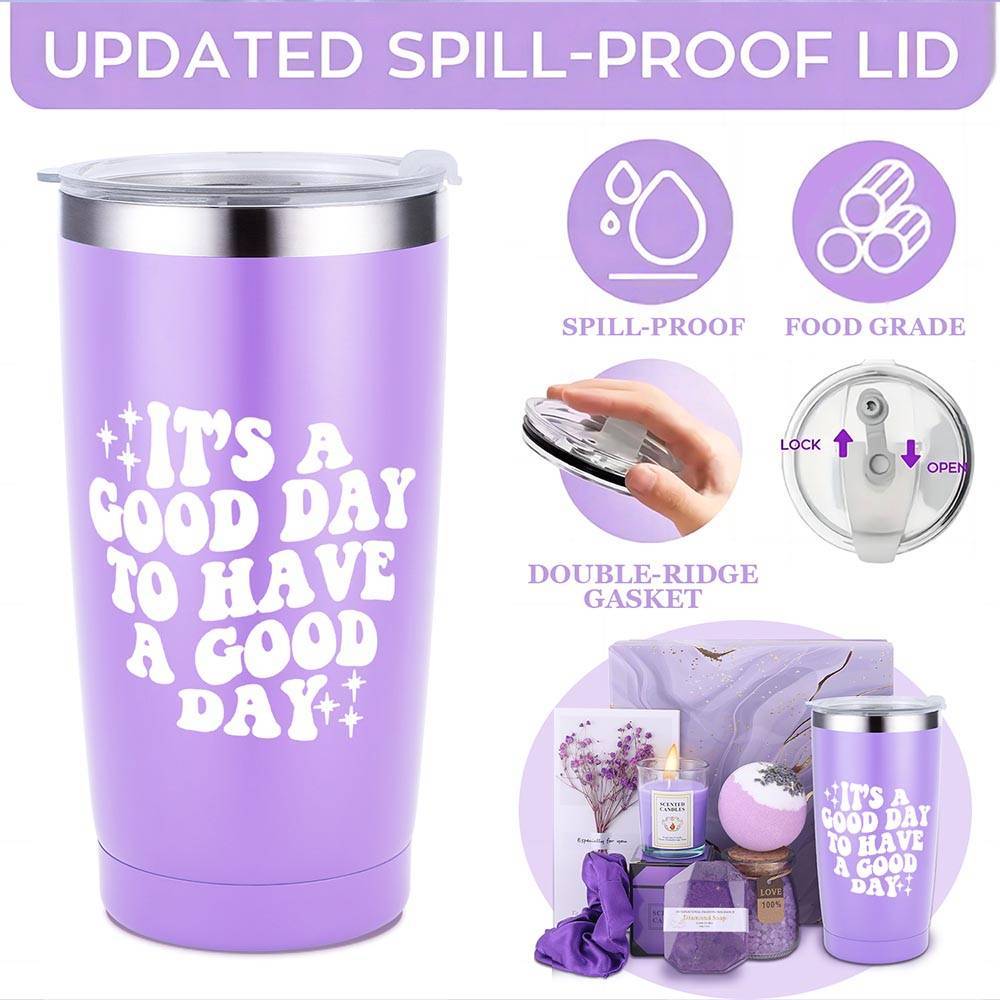 Set de regalo Lavender Bliss de 8 piezas: vaso aislado, tarjeta de felicitación, lazo para el pelo, vela perfumada, sales de baño, bomba de baño, barra de jabón - Sin alcohol para todo tipo de piel
