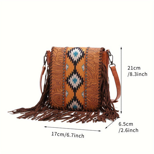 Bolso bandolera Boho Chic - Patrón étnico, detalles de remaches