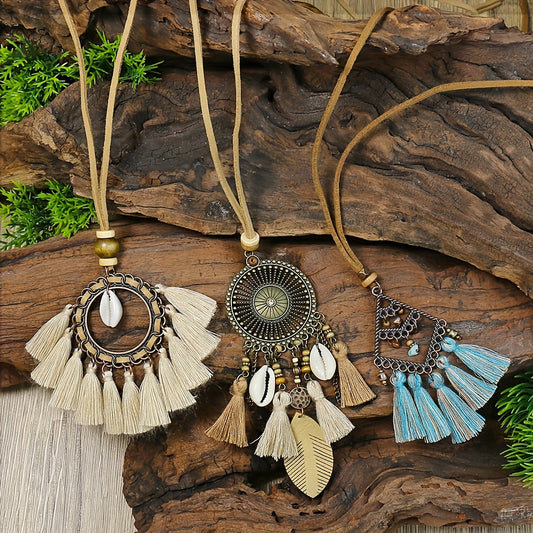 Collares colgantes de borlas y flores de inspiración vintage con detalles en diamantes de imitación - Aleación de zinc, acabado de bronce antiguo