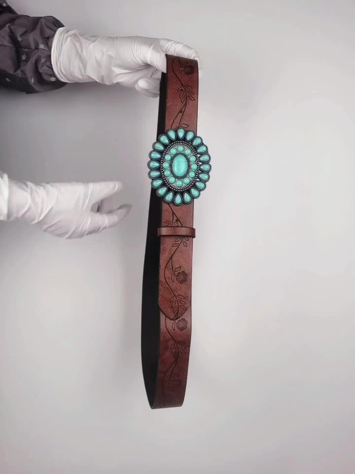 Cinturón turquesa boho- Hebilla ovalada, cintura de cuero en relieve marrón vintage