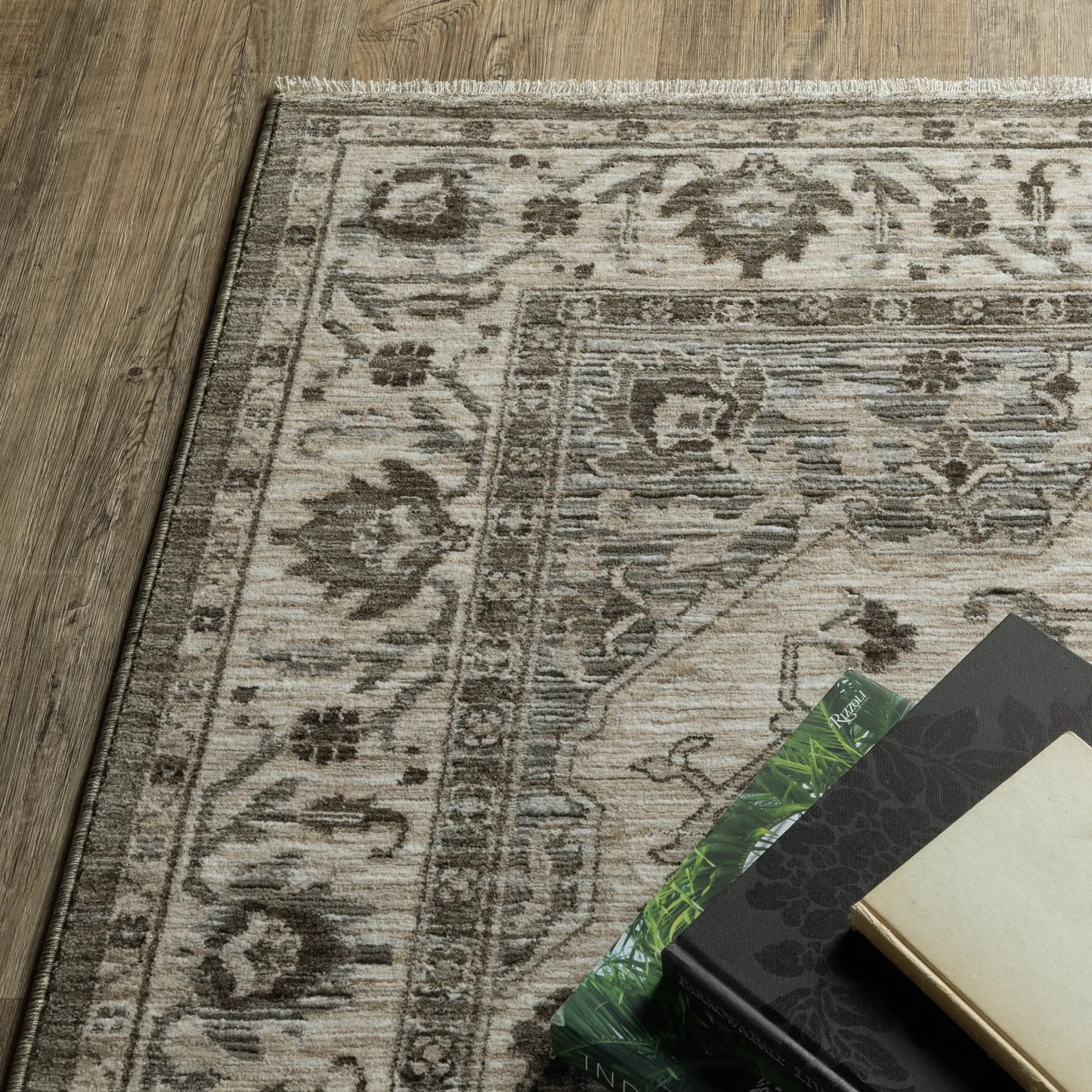 Beige and gray medallion runner rug in soft wool and cotton