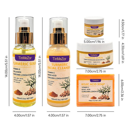 5 paquetes de conjunto de cuidado facial de cúrcuma, suero de cúrcuma, jabón de cúrcuma, crema facial de cúrcuma, limpiador facial de cúrcuma, exfoliante corporal de cúrcuma