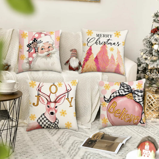 4 Uds funda de almohada de Feliz Navidad, árbol de Navidad Reno Santa Claus sala de estar sofá decoración funda de cojín