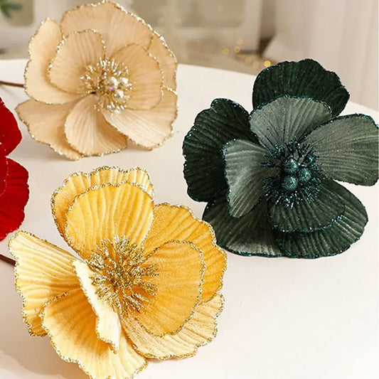 Grandes flores navideñas artificiales brillantes Adorno de árbol de Navidad