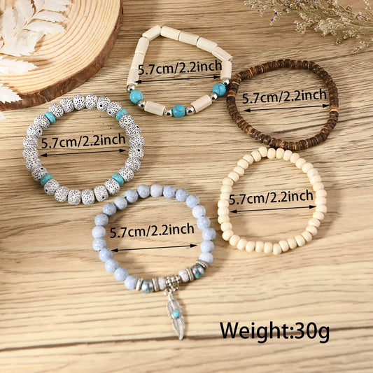 Pulseras de cuentas de turquesa de Bohemia,cuentas manchadas, hojas vintage, piedra natural y cuentas de madera