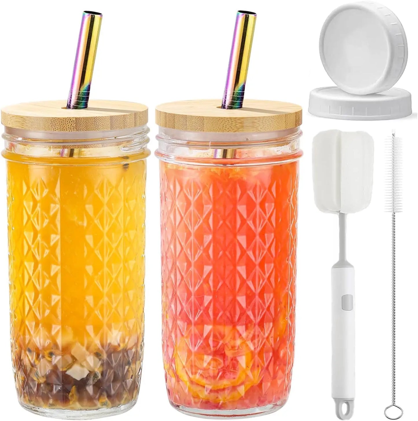 Paquete de 2 vasos de vidrio de 24oz con tapas y pajitas, tazas de té reutilizables