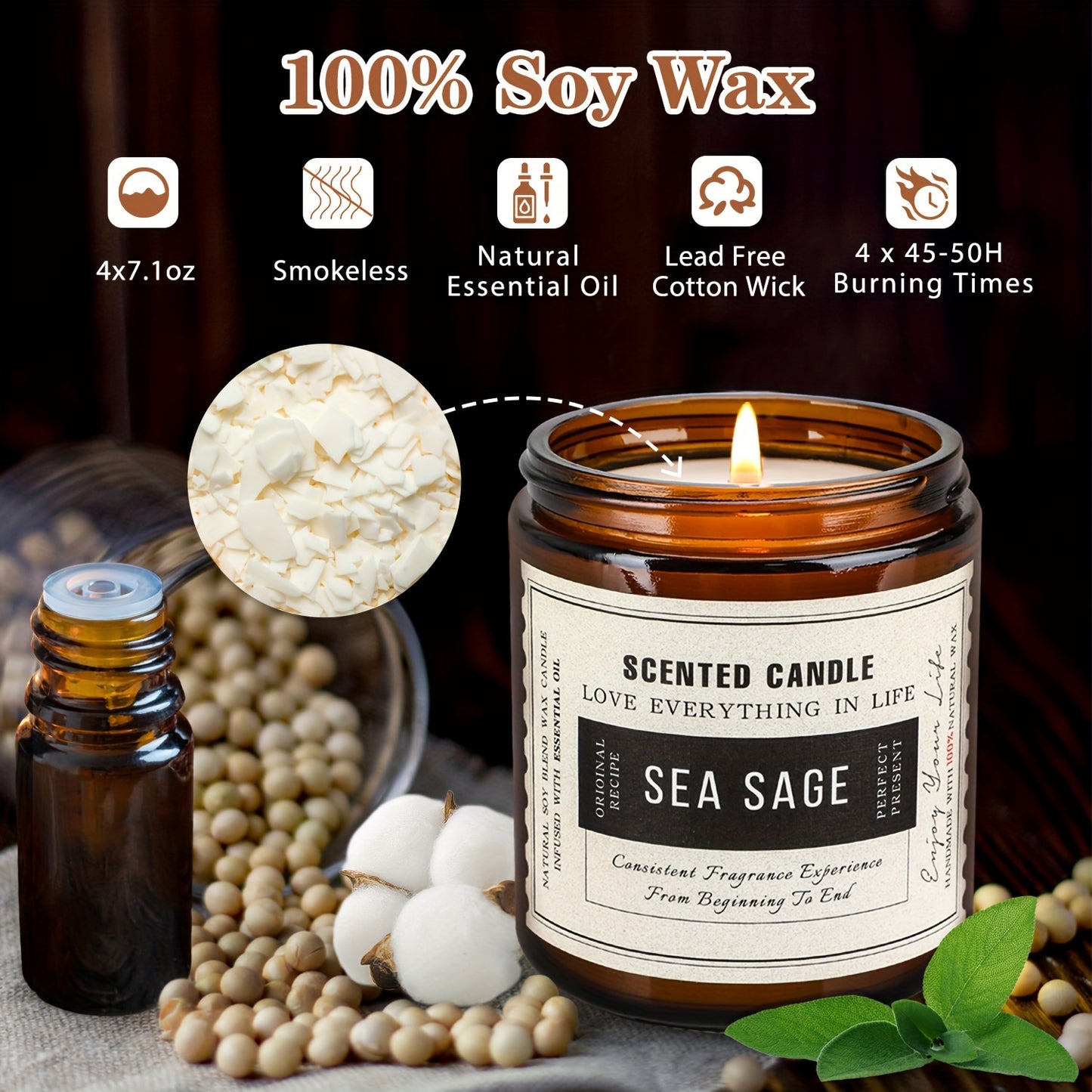 Paquete de 4 velas perfumadas Velas de cera de soja (lavanda y salvia y lavanda y rosa de sándalo)