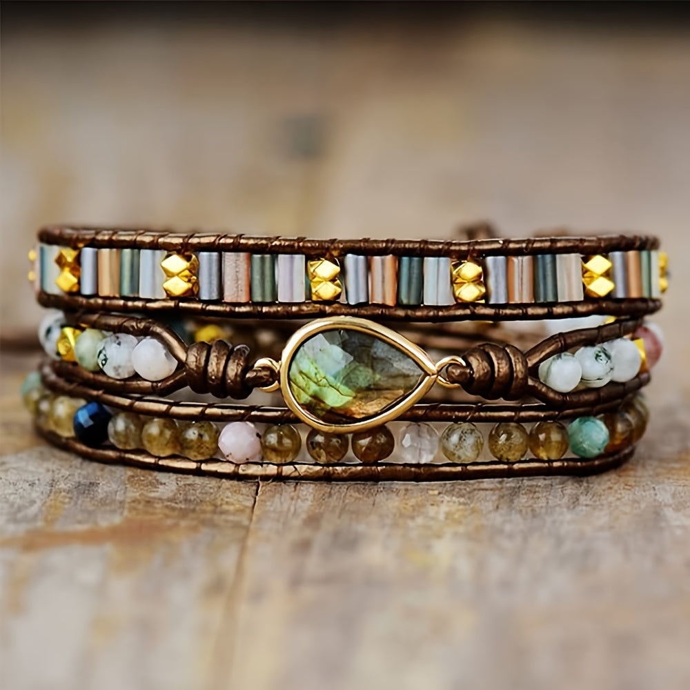 3 pulseras envolventes de cristal de jaspe natural, piedra de labradorita, cuentas de variedad, pulsera de hebra