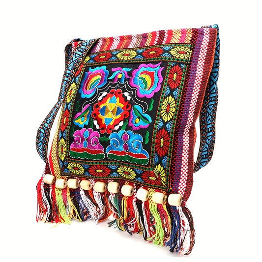Bolso bandolera bordado Boho-Chic con borlas, cremallera segura y tela duradera