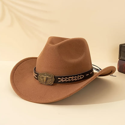 Elegante sombrero de vaquero Boho poliéster con ala ancha, correa de barbilla ajustable, diseño unisex