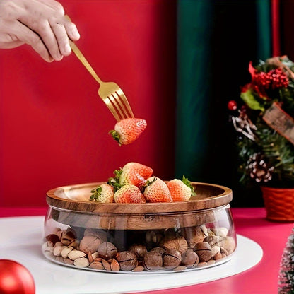 Bandeja de madera de doble capa con Tazón de vidrio Contenedor de alimentos