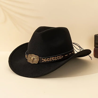 Elegante sombrero de vaquero Boho poliéster con ala ancha, correa de barbilla ajustable, diseño unisex