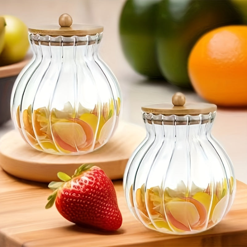 Tarros de almacenamiento de vidrio a rayas de 2 piezas con tapas de bambú - Sello hermético