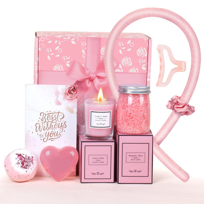 Regalos personalizados que incluyen rizador de pelo sin calor, bombas de baño, sales de baño, velas, jabón