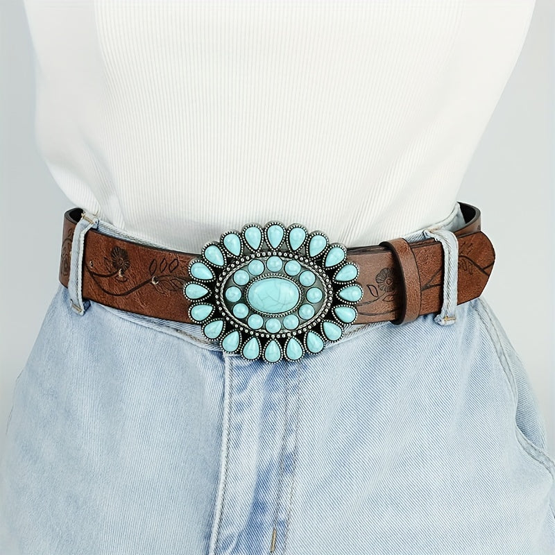 Cinturón turquesa boho- Hebilla ovalada, cintura de cuero en relieve marrón vintage