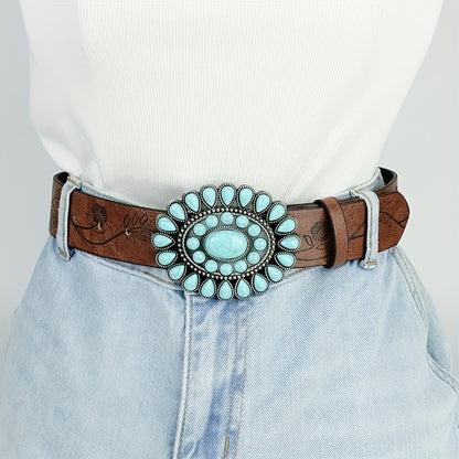 Cinturón turquesa boho- Hebilla ovalada, cintura de cuero en relieve marrón vintage