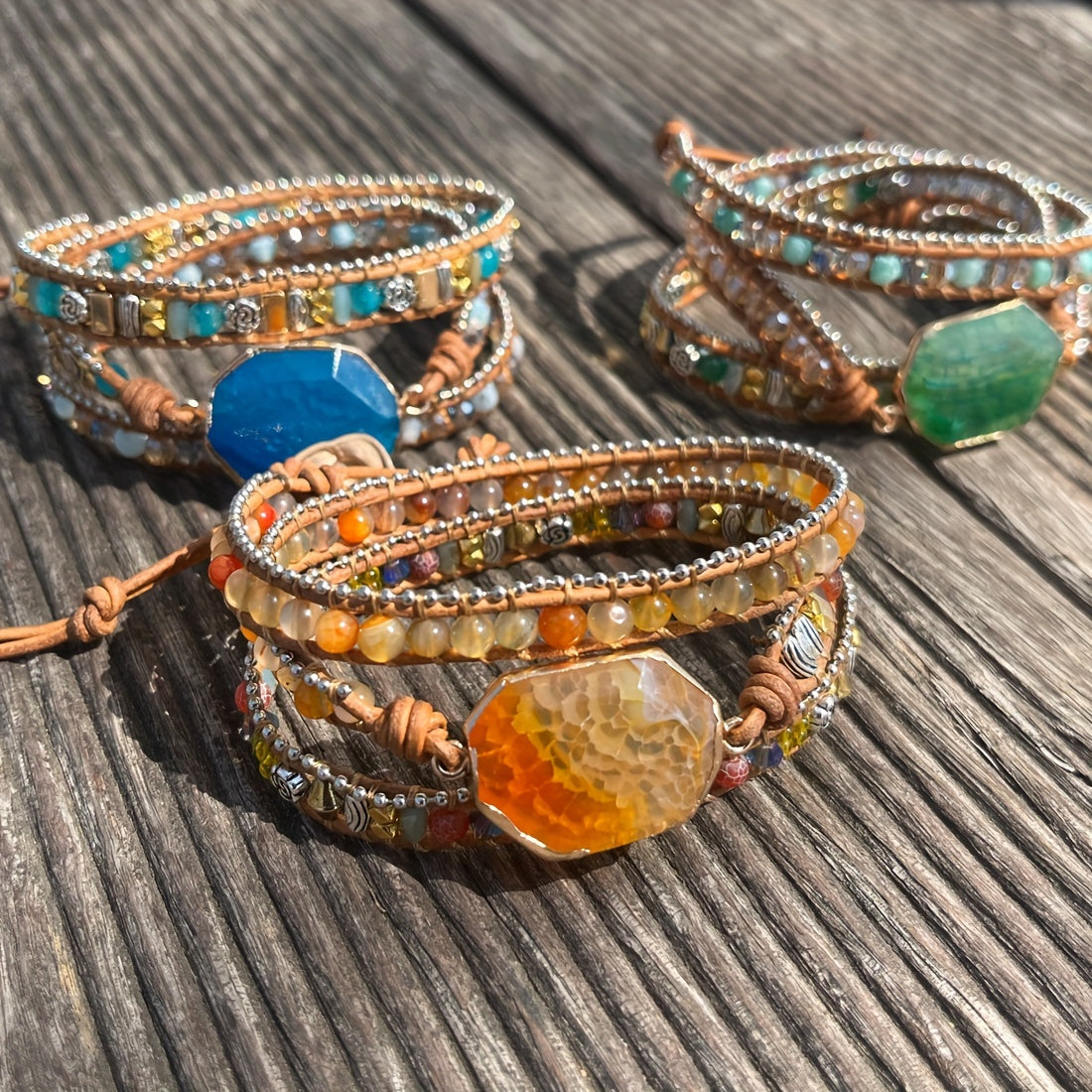 Pulsera de cuentas de 3 estilos Boho cuentas de ágata natural ajustable hecha a mano y cuerda de cuero