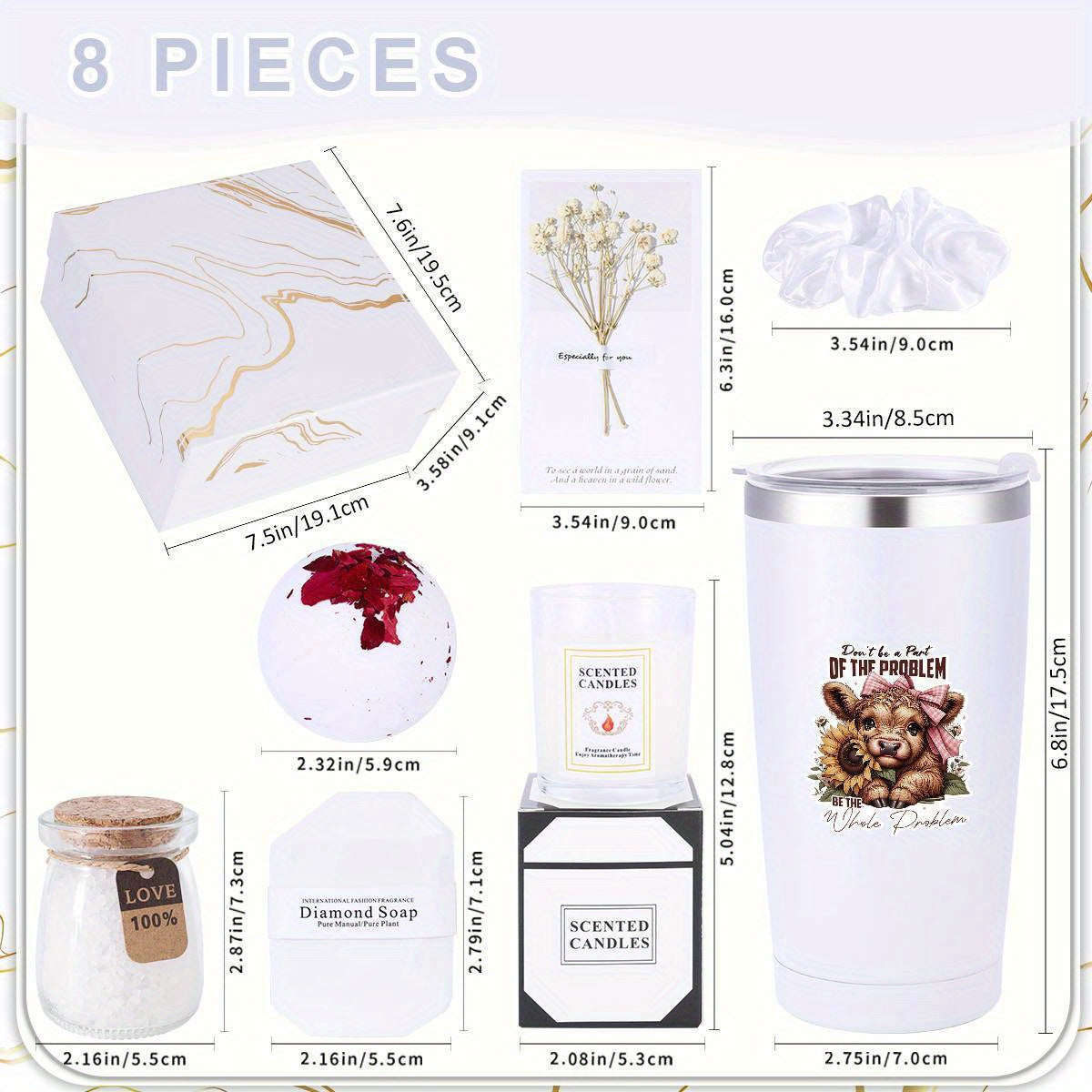 Cesta de regalo de spa de 8 piezas, juego de cestas artículos que incluyen taza, bombas de baño, velas, jabón, caja de regalo, sales de baño