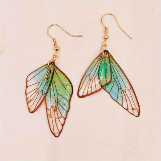 Pendientes colgantes de ala de mariposa colorida Boho-Chic - Estilo vintage, postes de acero inoxidable, resina hecha a mano