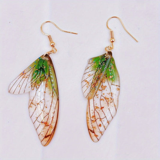 Pendientes colgantes de ala de mariposa colorida Boho-Chic - Estilo vintage, postes de acero inoxidable, resina hecha a mano