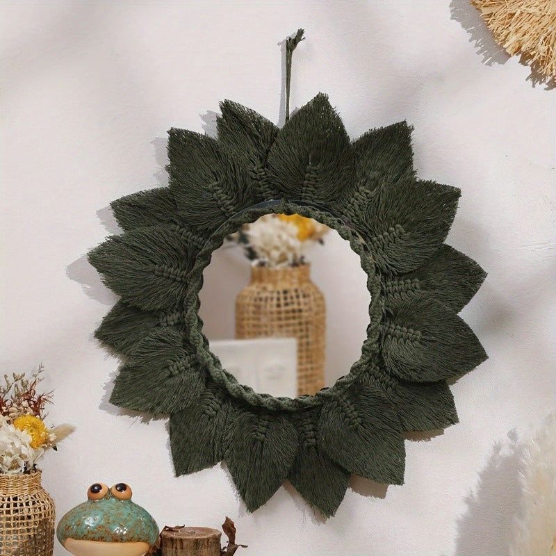 Exquisito tapiz bohemio tejido a mano espejo redondo con borla