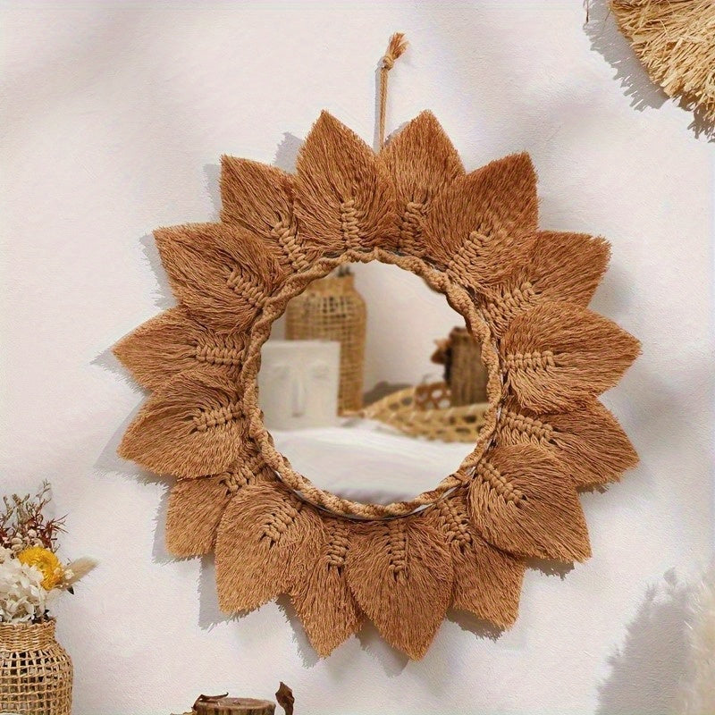 Exquisito tapiz bohemio tejido a mano espejo redondo con borla