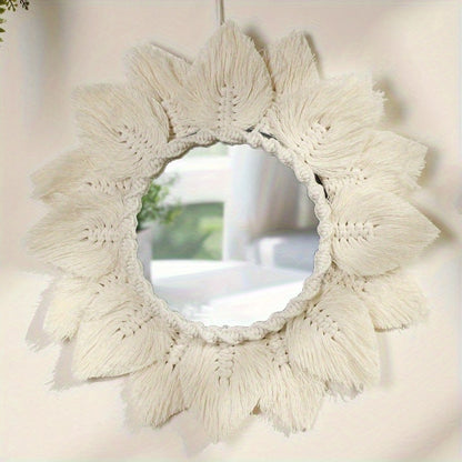 Exquisito tapiz bohemio tejido a mano espejo redondo con borla