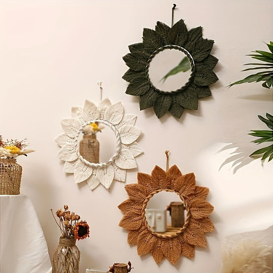 Exquisito tapiz bohemio tejido a mano espejo redondo con borla