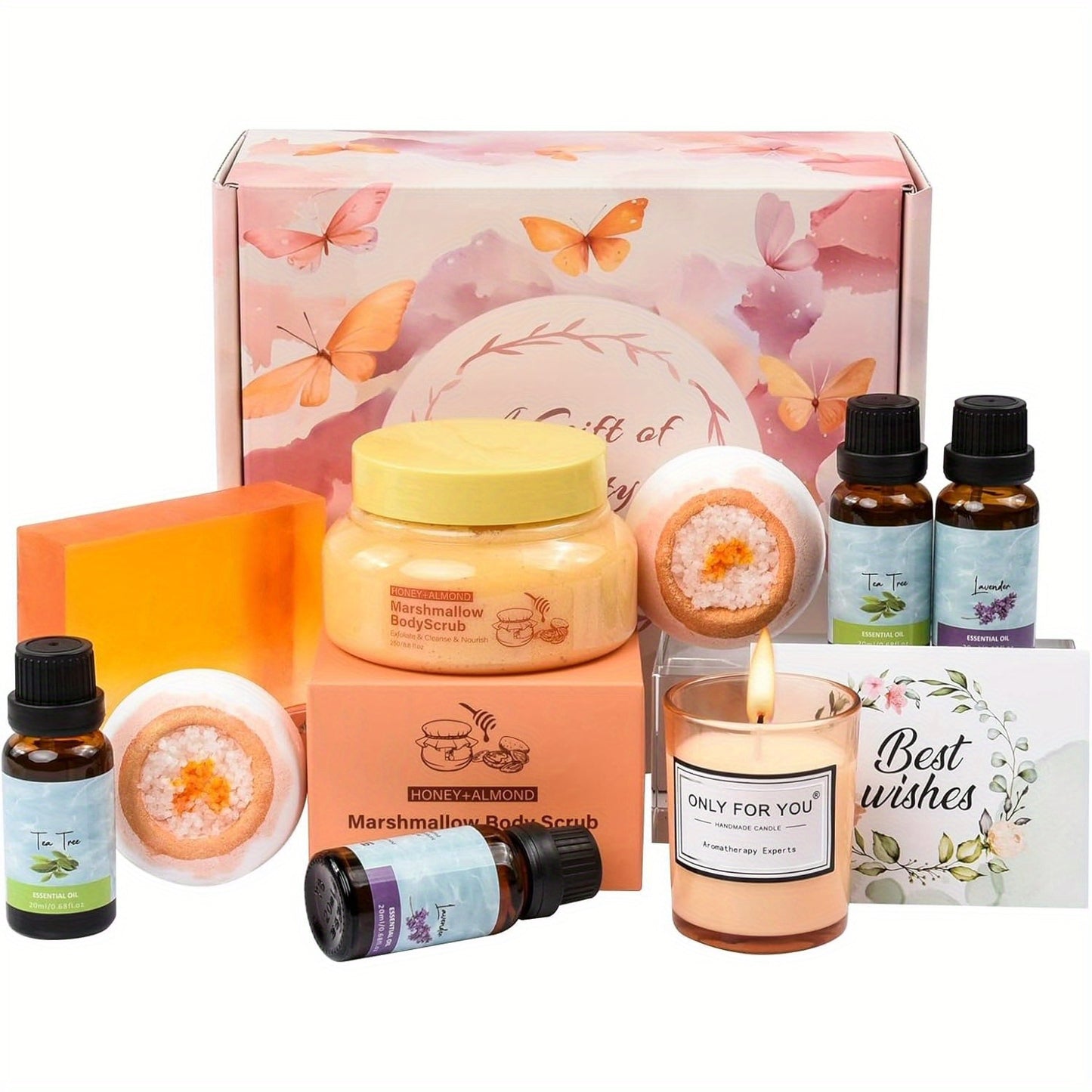 Juego de esencias esenciales de aromaterapia, set de regalo de spa con sales de baño de relajación, exfoliante corporal y vela perfumada