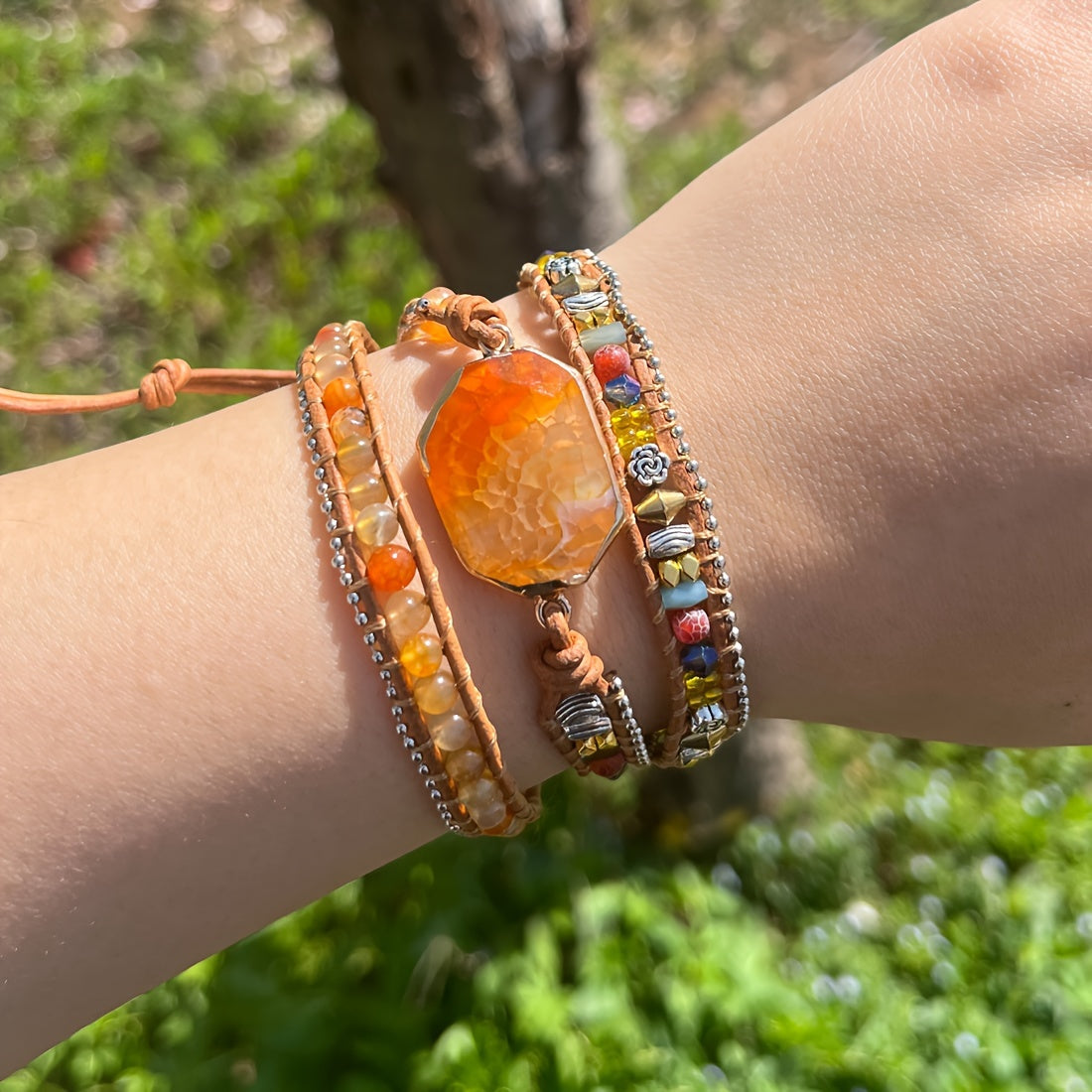 Pulsera de cuentas de 3 estilos Boho cuentas de ágata natural ajustable hecha a mano y cuerda de cuero