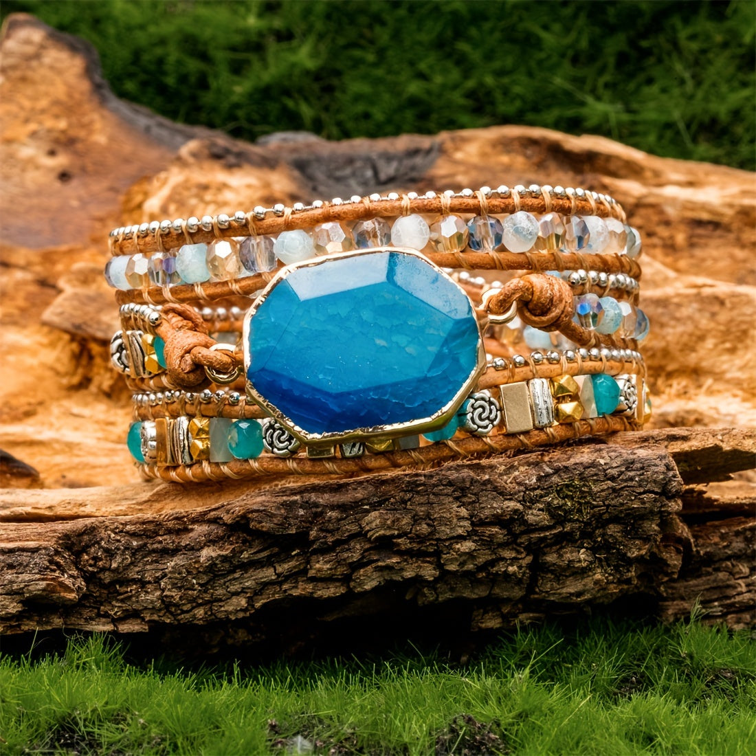 Pulsera de cuentas de 3 estilos Boho cuentas de ágata natural ajustable hecha a mano y cuerda de cuero