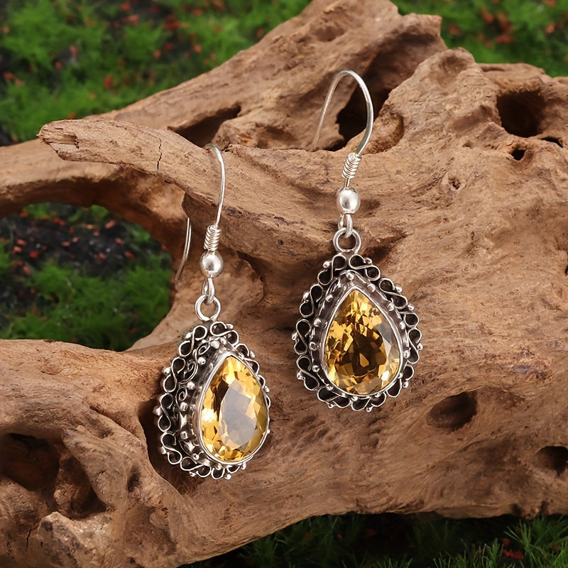 Pendientes colgantes de zirconia amarilla vintage en forma de pera