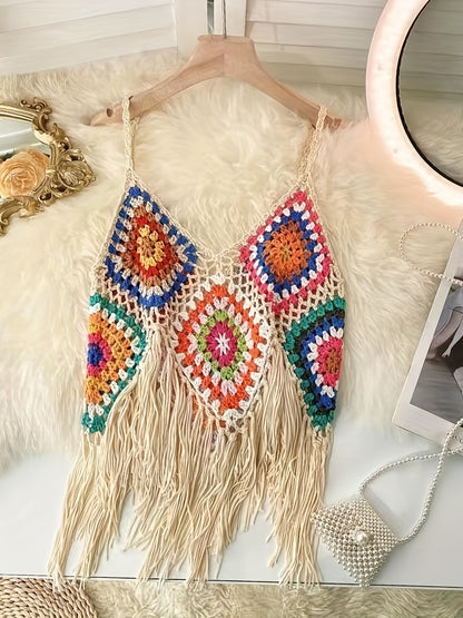 Colorido top cami con flecos de ganchillo boho - cuello en V, sin mangas, versátil y detalle de borla acrílica hecha a mano