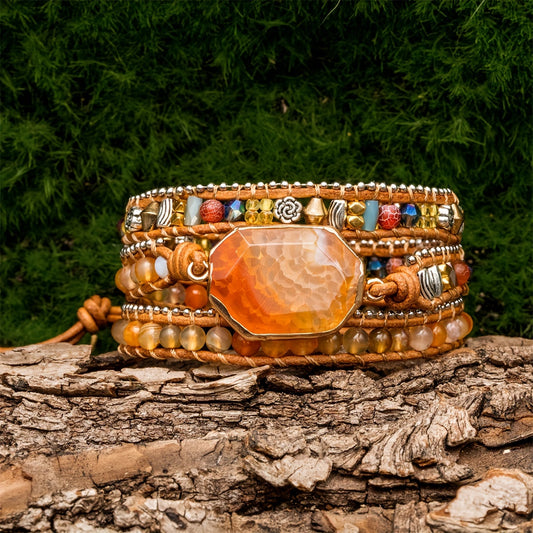 Pulsera de cuentas de 3 estilos Boho cuentas de ágata natural ajustable hecha a mano y cuerda de cuero