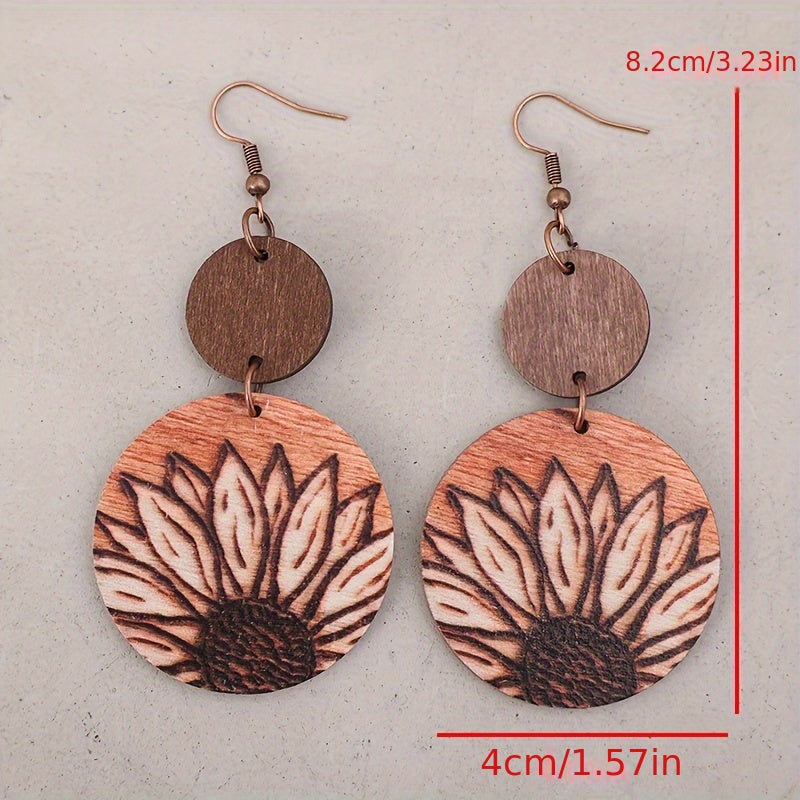 Pendientes colgantes de girasol de inspiración vintage - de madera