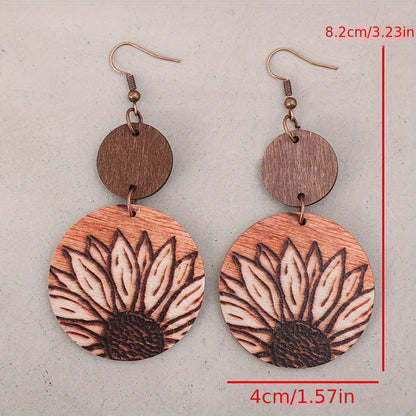 Pendientes colgantes de girasol de inspiración vintage - de madera