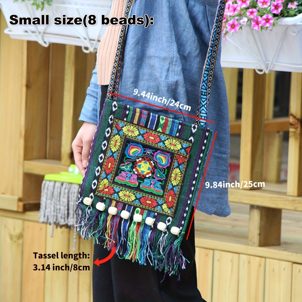 Bolso bandolera bordado Boho-Chic con borlas, cremallera segura y tela duradera