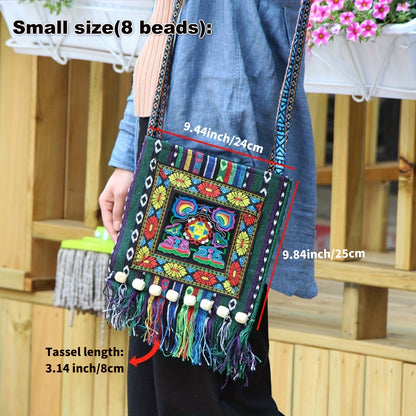 Bolso bandolera bordado Boho-Chic con borlas, cremallera segura y tela duradera