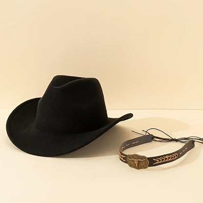 Elegante sombrero de vaquero Boho poliéster con ala ancha, correa de barbilla ajustable, diseño unisex