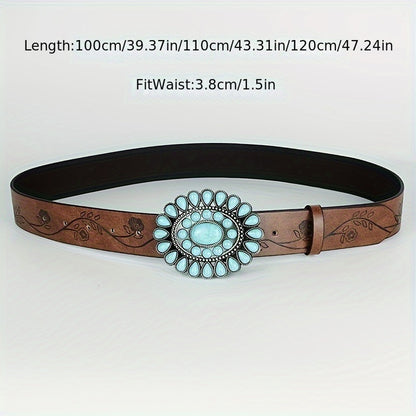 Cinturón turquesa boho- Hebilla ovalada, cintura de cuero en relieve marrón vintage