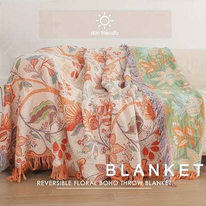 Manta floral boho con borlas - Reversible, suave y acogedora para sofá, cama y sillón