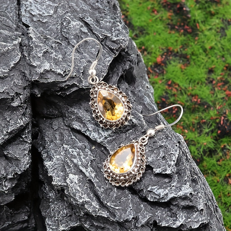 Pendientes colgantes de zirconia amarilla vintage en forma de pera