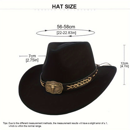 Elegante sombrero de vaquero Boho poliéster con ala ancha, correa de barbilla ajustable, diseño unisex