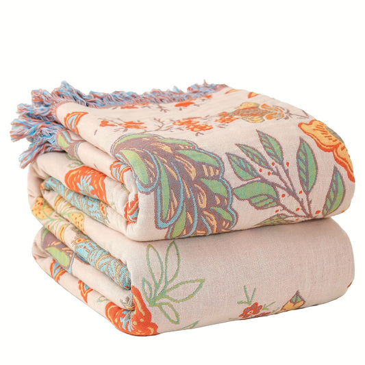 Manta floral boho con borlas - Reversible, suave y acogedora para sofá, cama y sillón