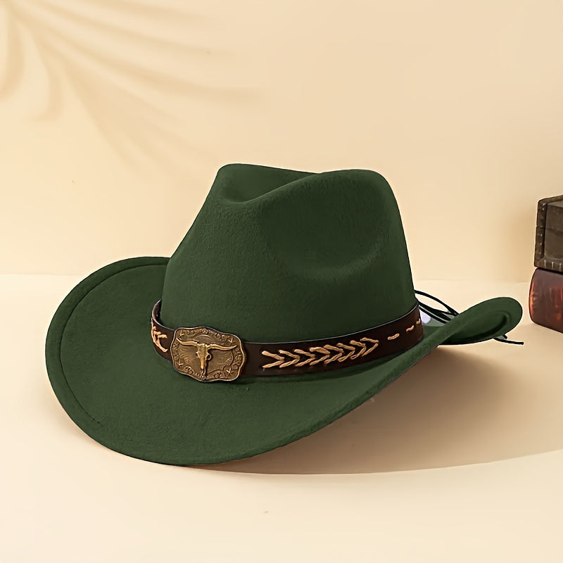 Elegante sombrero de vaquero Boho poliéster con ala ancha, correa de barbilla ajustable, diseño unisex