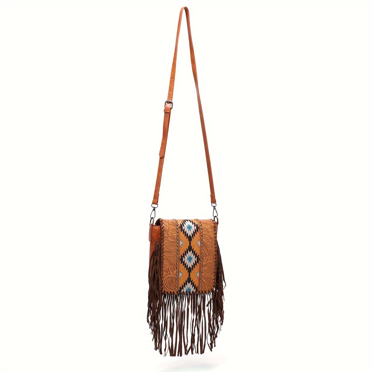 Bolso bandolera Boho Chic - Patrón étnico, detalles de remaches