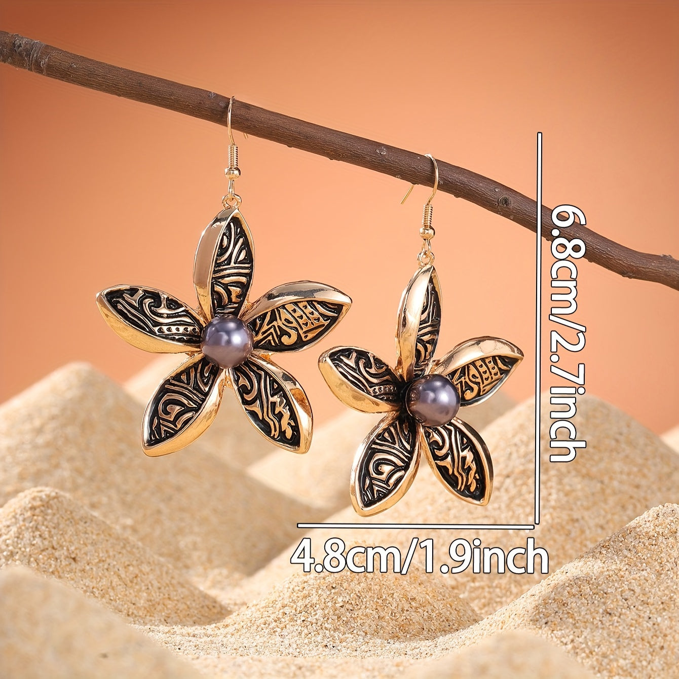 Pendientes colgantes de flores de esmalte negro Boho-Chic - Aleación de zinc