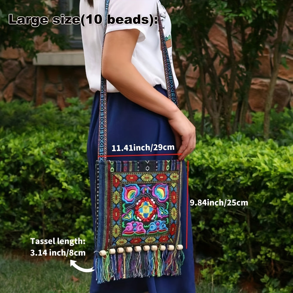 Bolso bandolera bordado Boho-Chic con borlas, cremallera segura y tela duradera